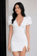 White Sheath Satin V-Neck Mini Party Dress with Puff Sleeves | KISSPROM