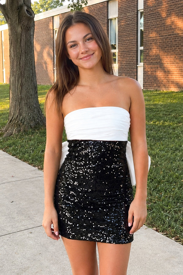 White Sheath Strapless Sequined Bow Mini Party Dresses | KISSPROM