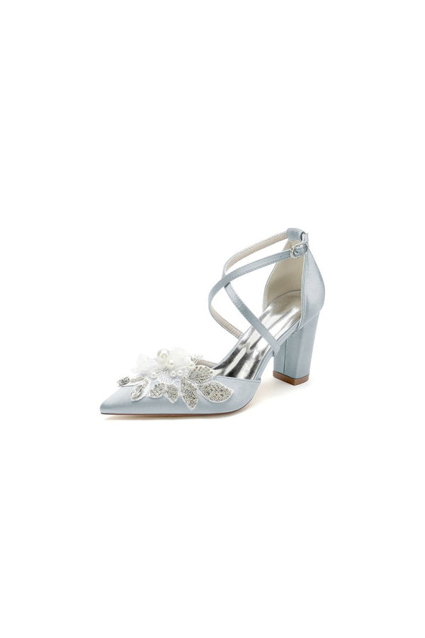White Silk Pump with Handcrafted Flower and Crystal Embellishments - KissProm