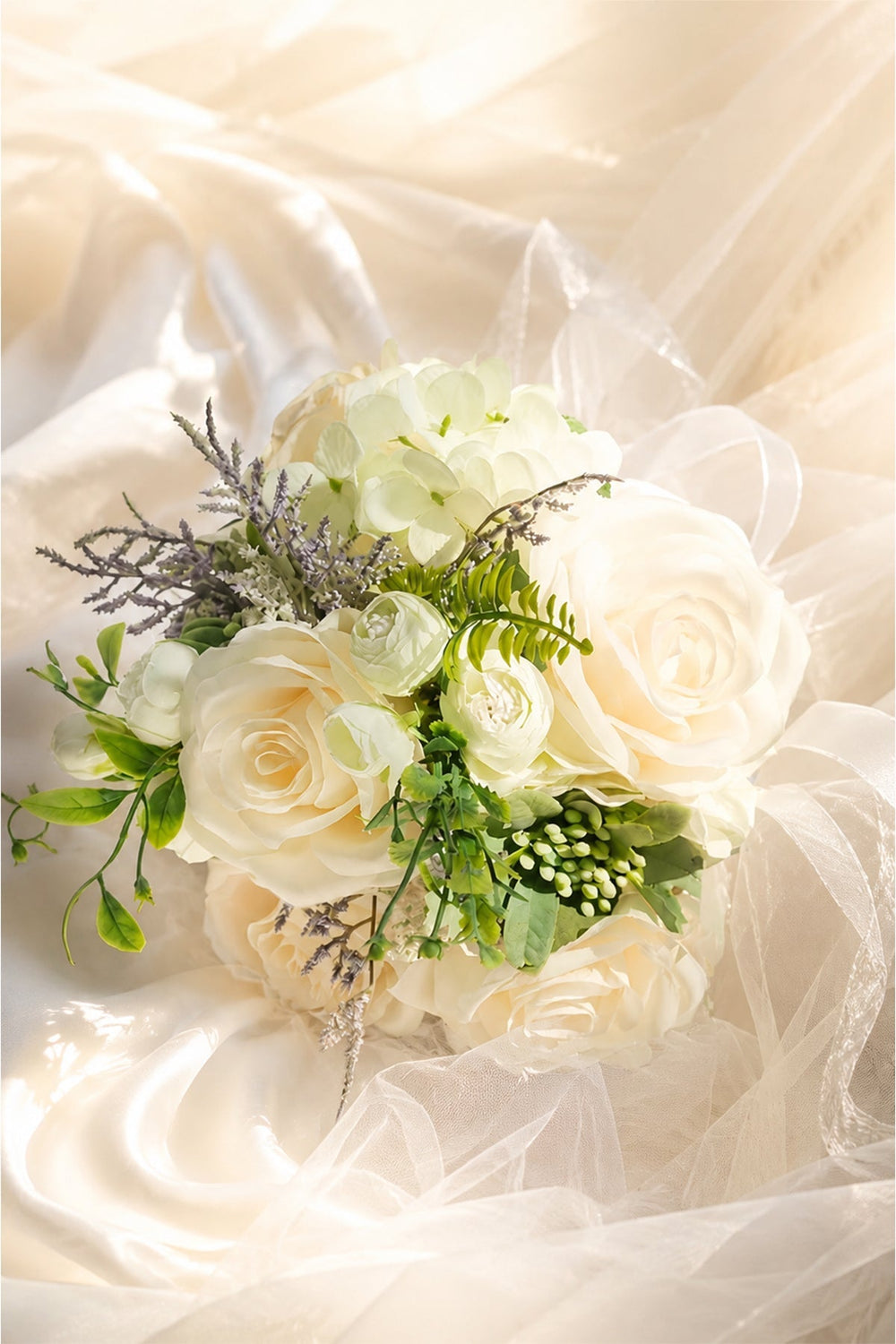 White Silk Rose Peony Cascade Wedding Bouquet Flowers - KissProm Accessories