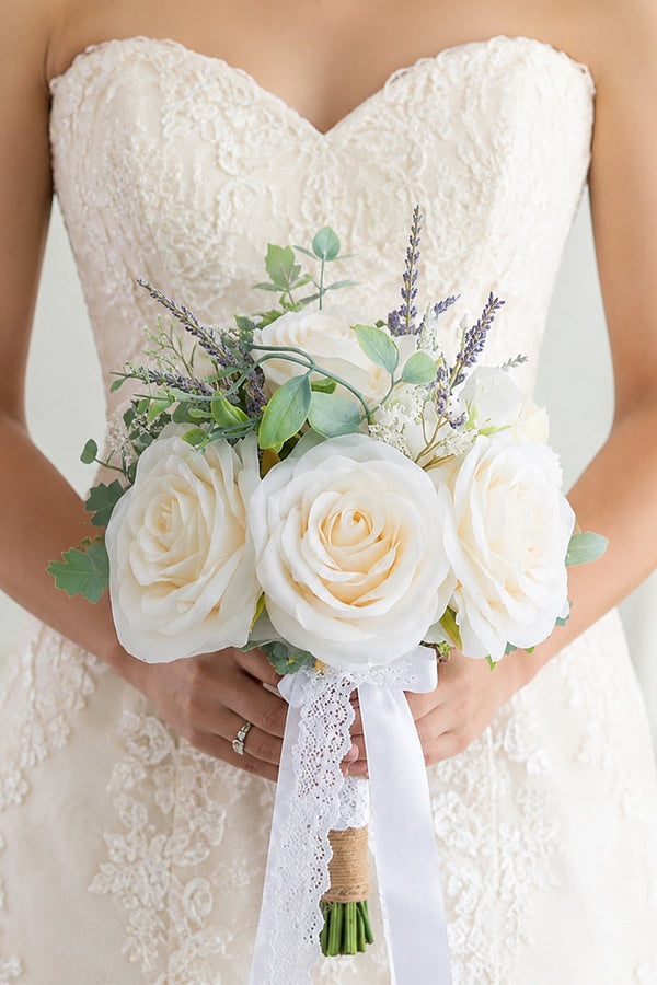 White Silk Rose Peony Cascade Wedding Bouquet Flowers - KissProm Accessories