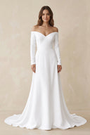 White Simple A-Line Off the Shoulder Long Sleeves Satin Wedding Dresses | KISSPROM