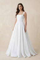 White Simple A-Line Square Neck Satin Wedding Dress | KISSPROM