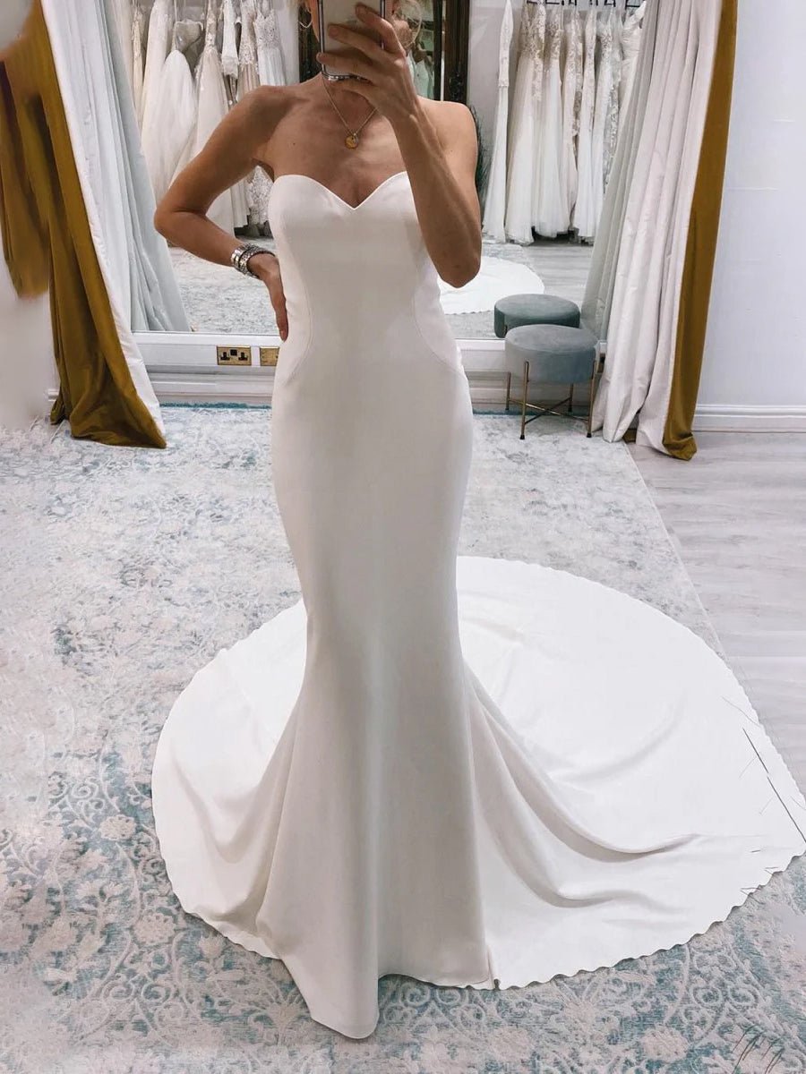 Jolie | White Simple Sweep Train Boho Long Mermaid Wedding Dress - KissProm