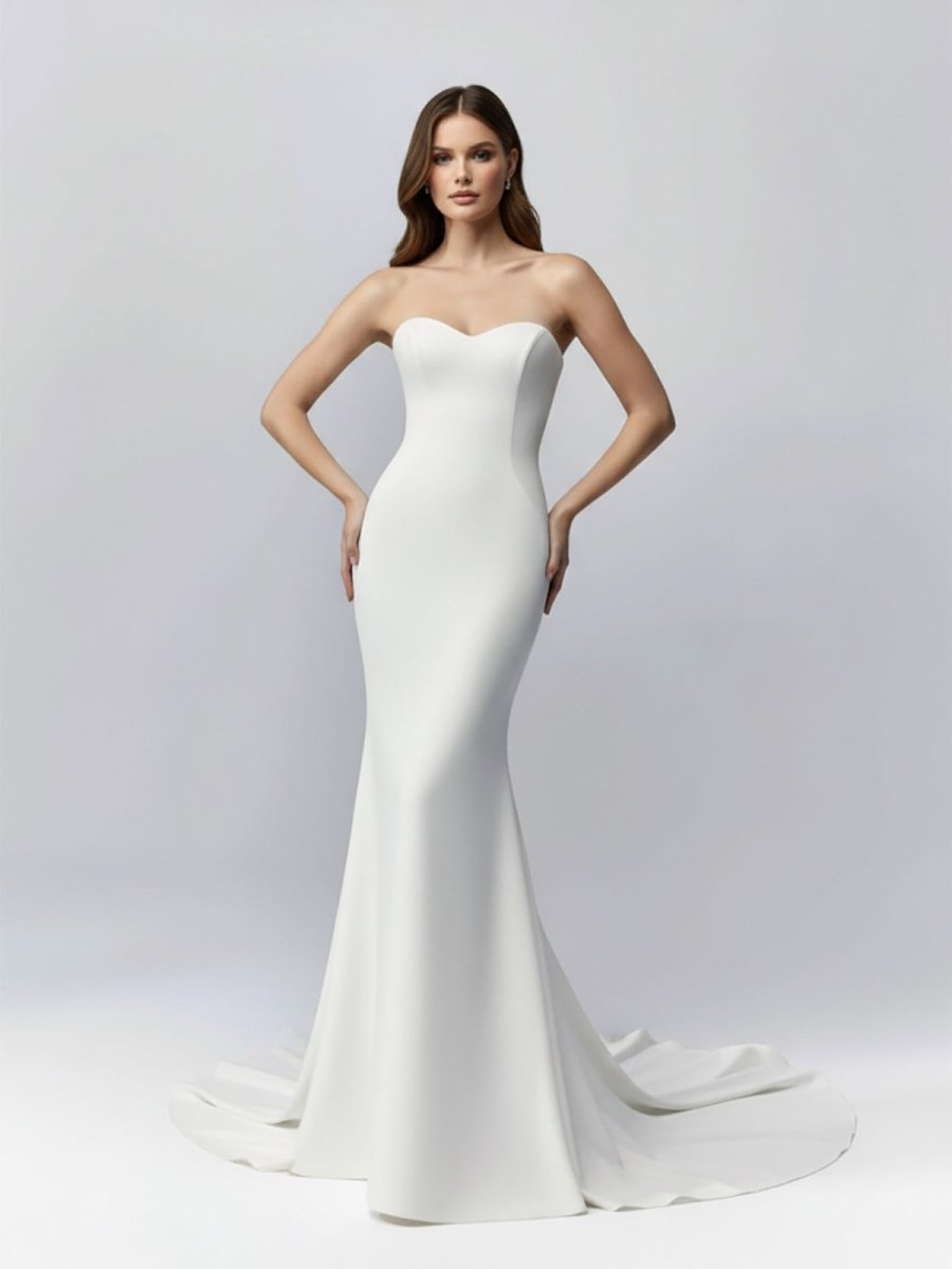 Jolie | White Simple Sweep Train Boho Long Mermaid Wedding Dress - KissProm