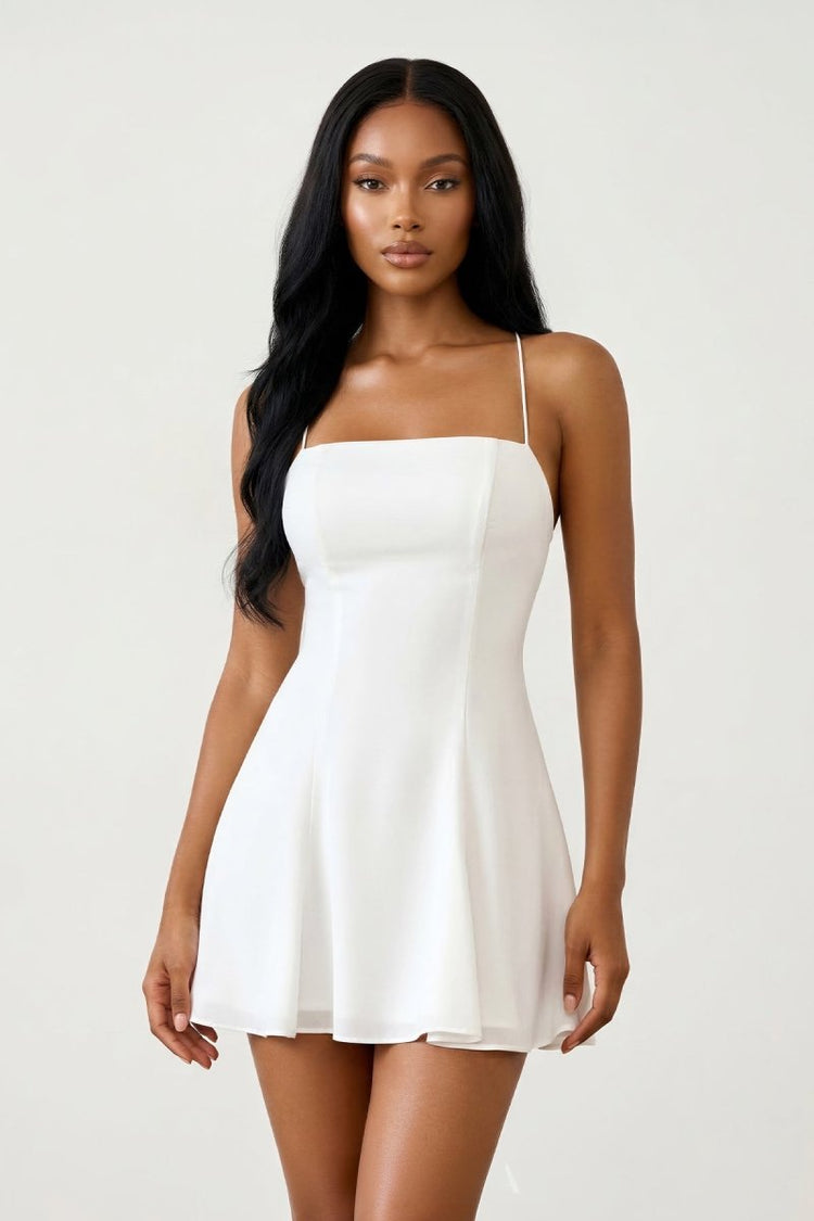 KissProm White Spaghetti Strap A-Line Chiffon Graduation Dress, White / 0