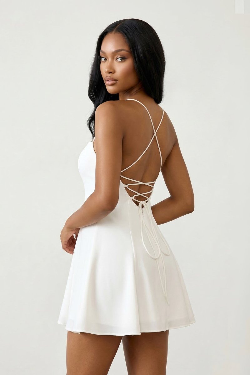 KissProm White Spaghetti Strap A-Line Chiffon Graduation Dress, White / 0