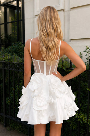 White Spaghetti Straps A-Line Corset Short Homecoming Dress With 3D Flowers | KISSPROM