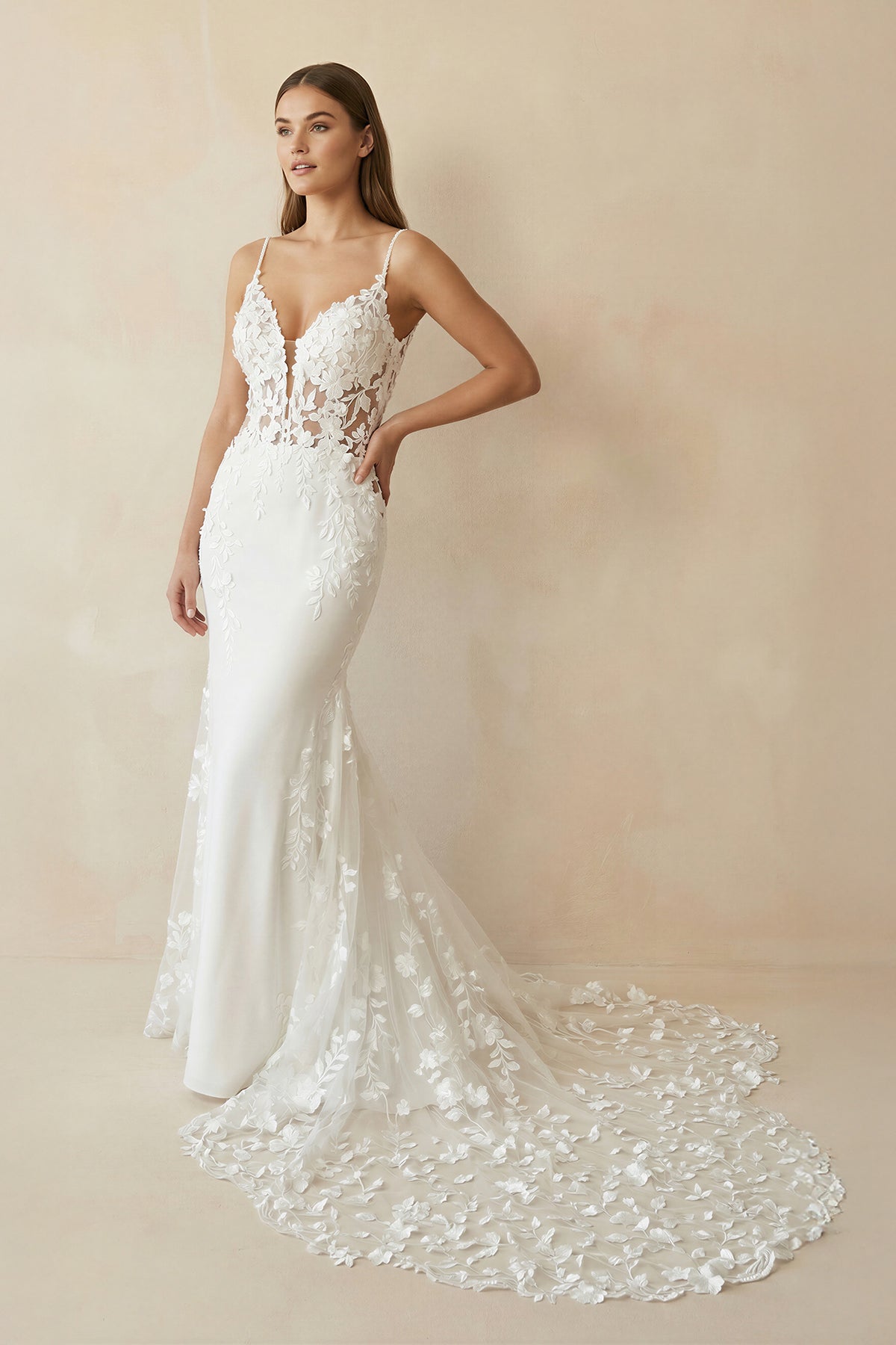 KissProm White Spaghetti Straps Backless Long Wedding Dress with Lace, Diamond White / 18