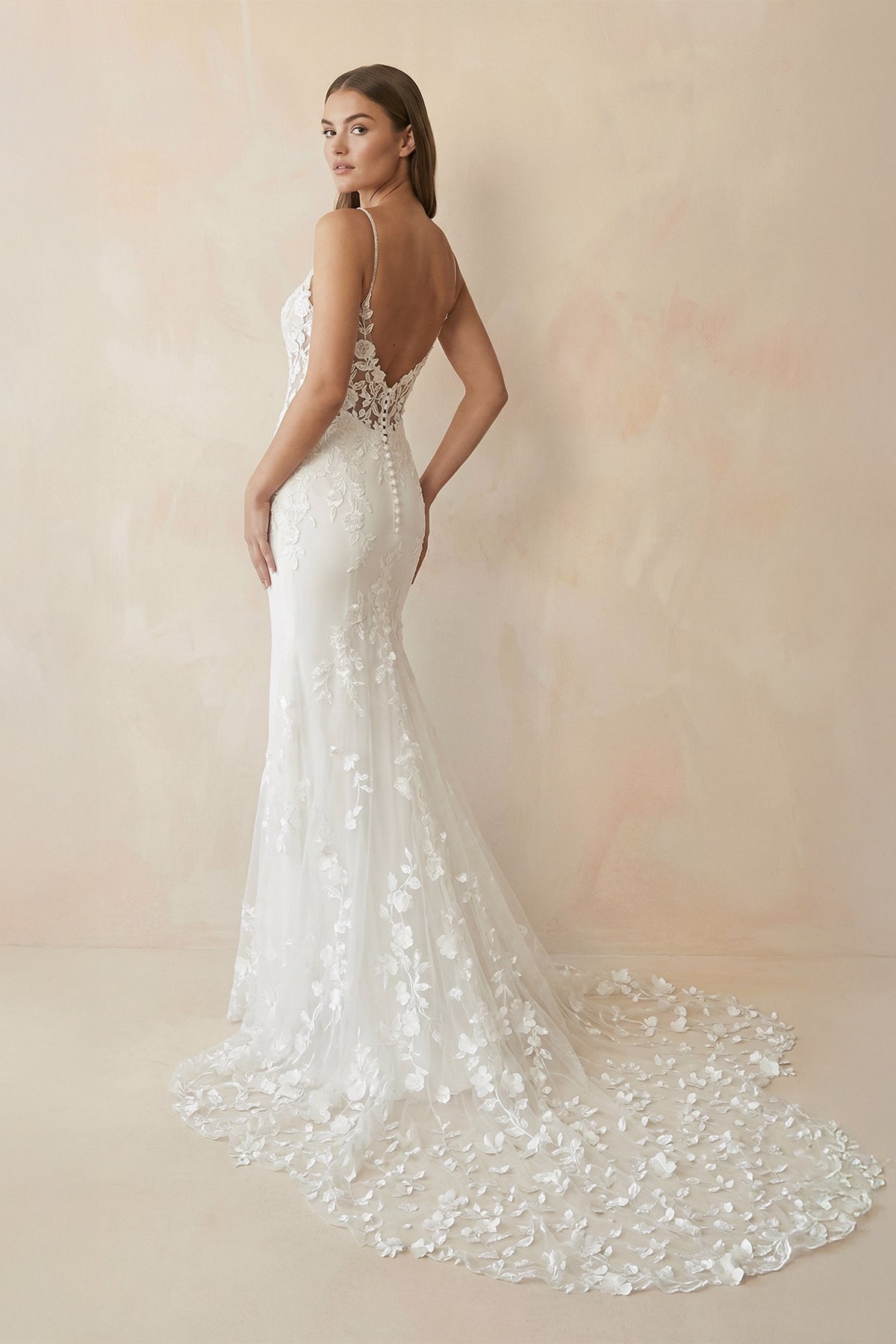 White Spaghetti Straps Backless Long Wedding Dress with Lace