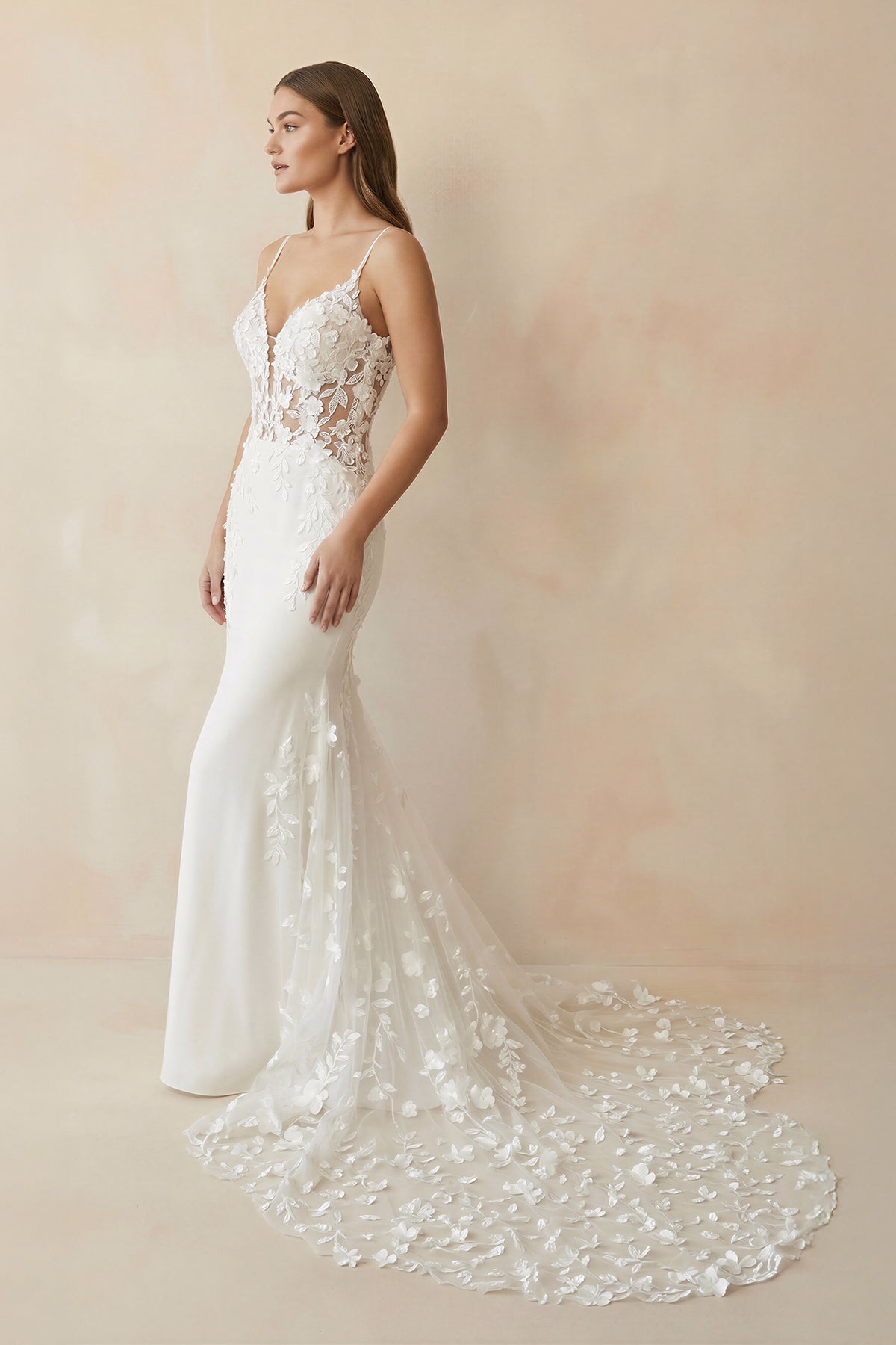 White Spaghetti Straps Backless Long Wedding Dress with Lace, Diamond White / 18