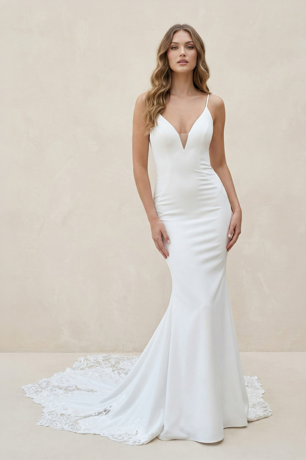 KissProm White Spaghetti Straps Long Mermaid Boho Wedding Dress with Lace, Diamond White / 18