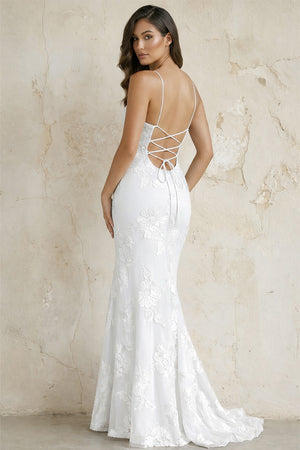KissProm-White Spaghetti Straps Mermaid Tulle Long Prom Dresses With Appliques