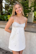 White Spaghetti Straps Sheath Satin Homecoming Dress With Beading | KISSPROM