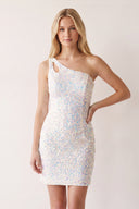 White Sparkly Bodycon One Shoulder Sequins Mini Party Dresses with Keyhole | KISSPROM