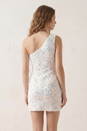 White Bodycon One Shoulder Sequins Mini Party Dresses - KISSPROM