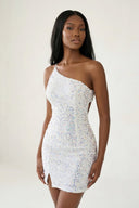 White Sparkly One - Shoulder Sheath Sequins Graduation Dress - KissProm
