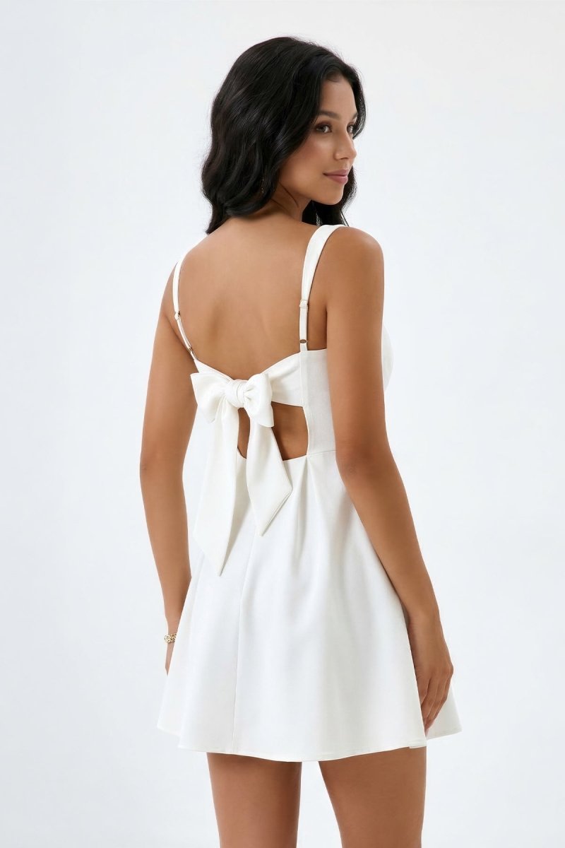 White Square Neck Graduation Dress With Back Bow - KissProm