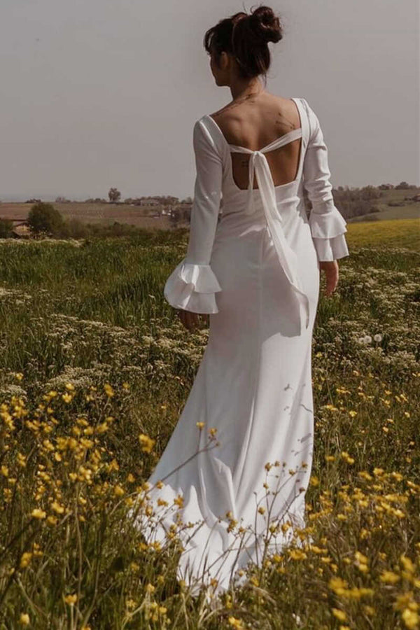 White Square Neck Long Sleeve Long Wedding Dress with Slit