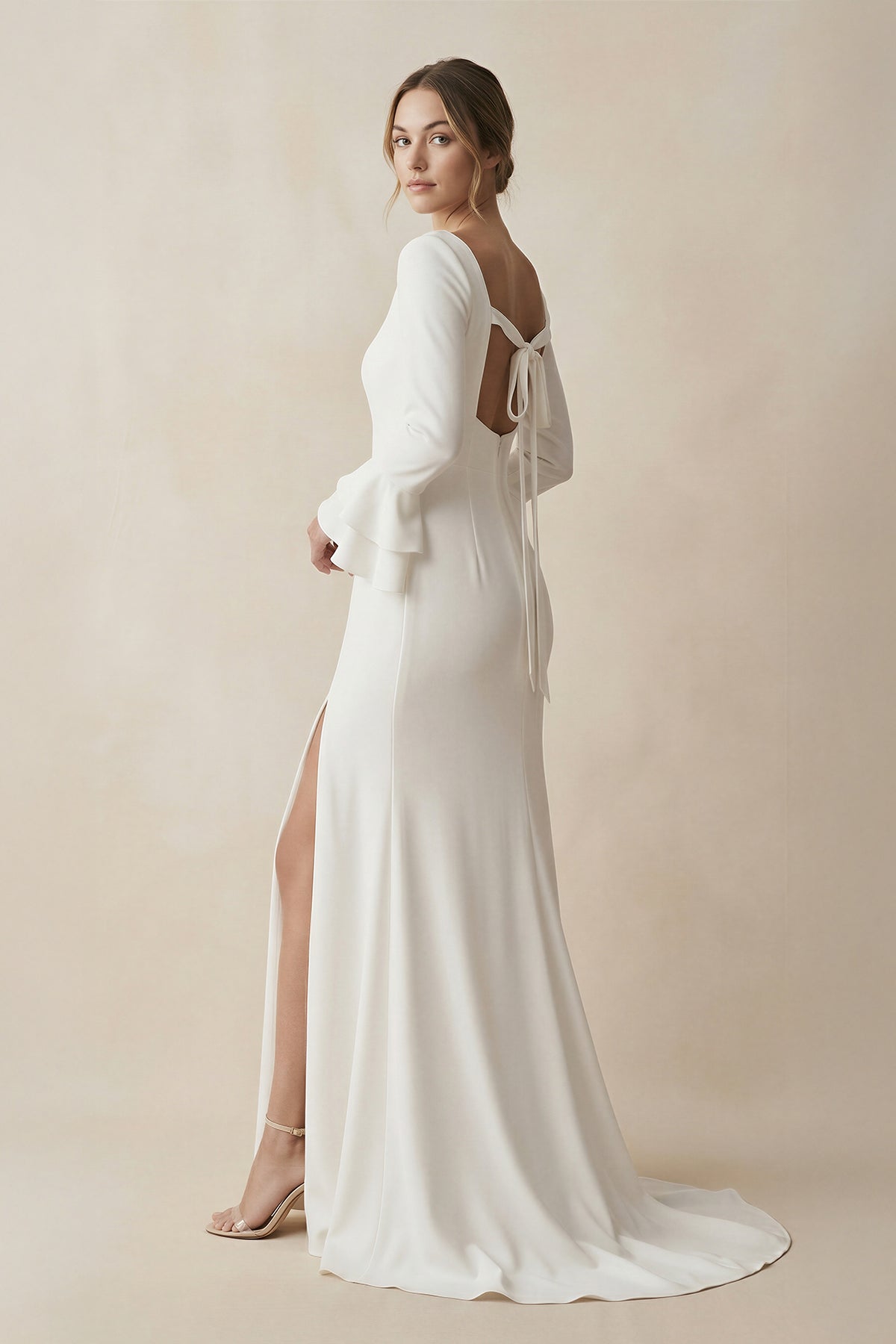 White Square Neck Long Sleeve Long Wedding Dress with Slit, Diamond White / 0