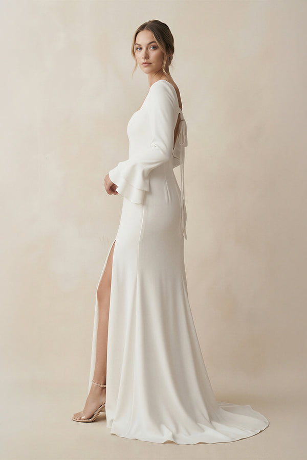 White Square Neck Long Sleeve Long Wedding Dress with Slit