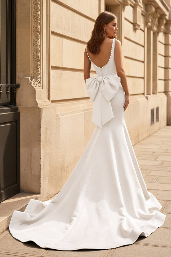 KissProm-White  Square Neck Mermaid Satin Long Prom Dresses With Pearls