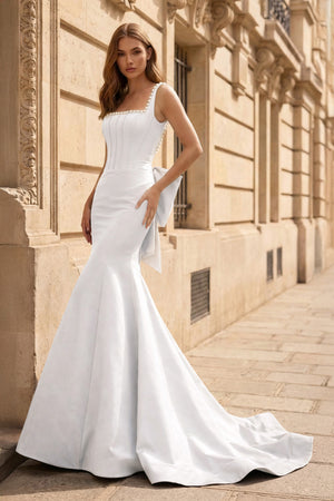 KissProm-White  Square Neck Mermaid Satin Long Prom Dresses With Pearls