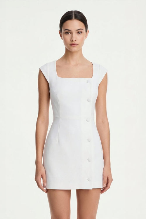 KissProm White Square Neck Sheath Graduation Dress With Button, White / 16