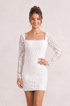 White Square Neck Sheath Long Sleeves Sequins Mini Homecoming Dresses | KISSPROM