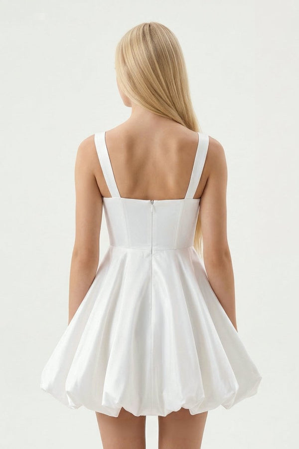 White Square Neck Taffeta A - Line Mini Graduation Dress - KissProm