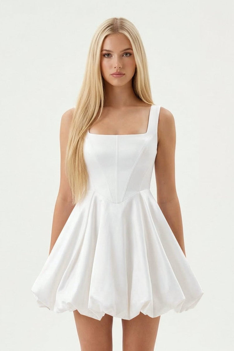 KissProm White Square Neck Taffeta A-Line Mini Graduation Dress, White / 18