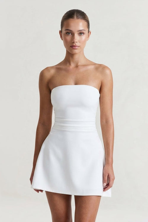 White Strapless A-Line Mini Graduation Dress, Ivory / 16