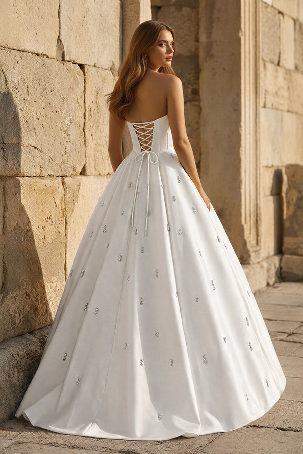 KissProm-White Strapless A Line Satin Long Prom Dresses With Beading