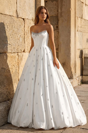 KissProm-White Strapless A Line Satin Long Prom Dresses With Beading