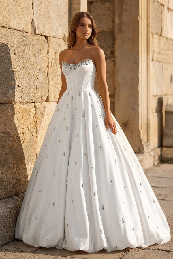 KissProm-White Strapless A Line Satin Long Prom Dresses With Beading