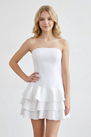 White Strapless A-Line Tiered Graduation Dress - KISSPROM