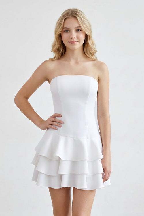 White Strapless A-Line Tiered Graduation Dress - KISSPROM