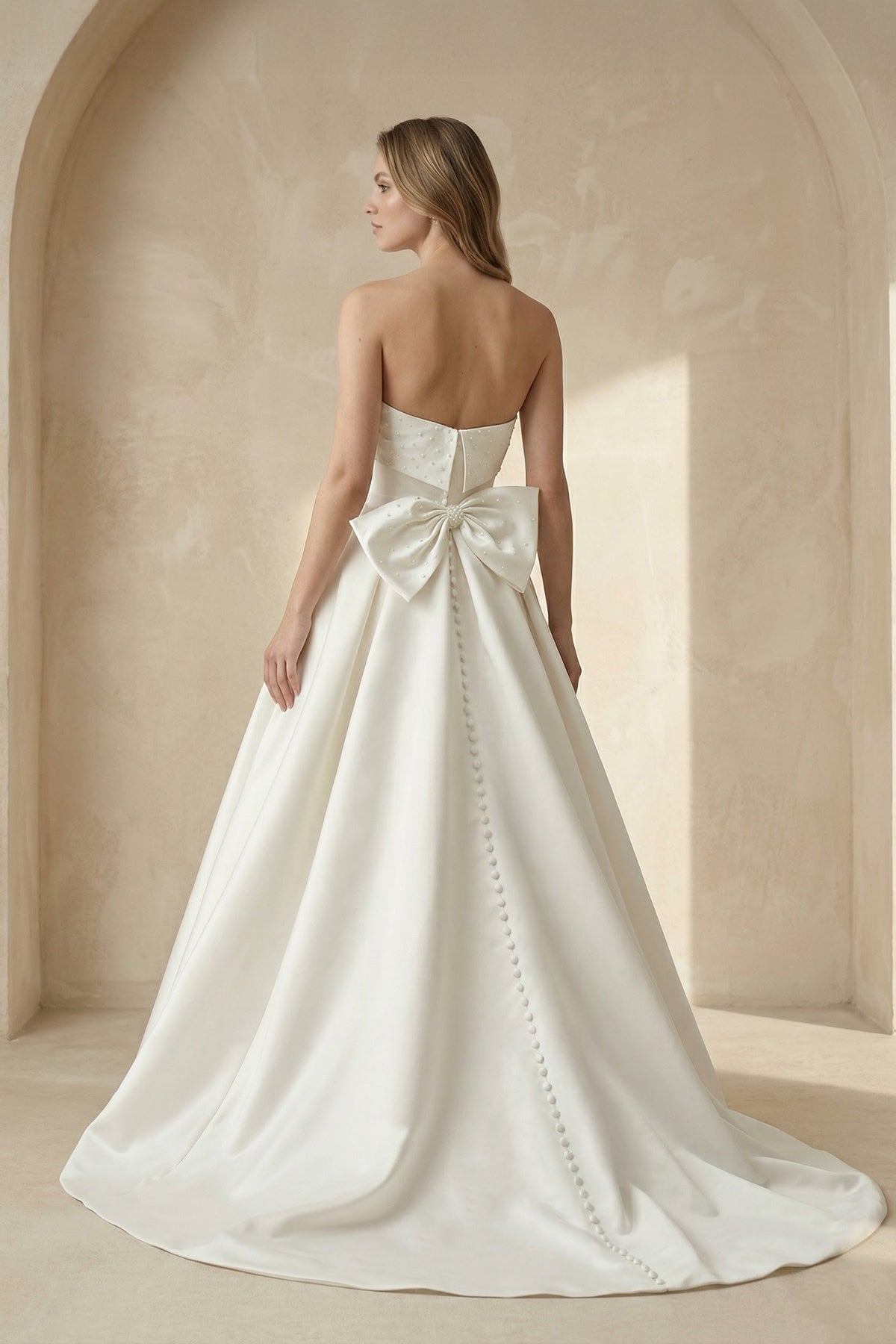White Strapless Bow-Back Pearls A-Line Wedding Dress, Diamond White / 20 / Satin White Strapless Bow-Back Pearls A-Line Wedding Dress, Diamond White / 20 / Satin