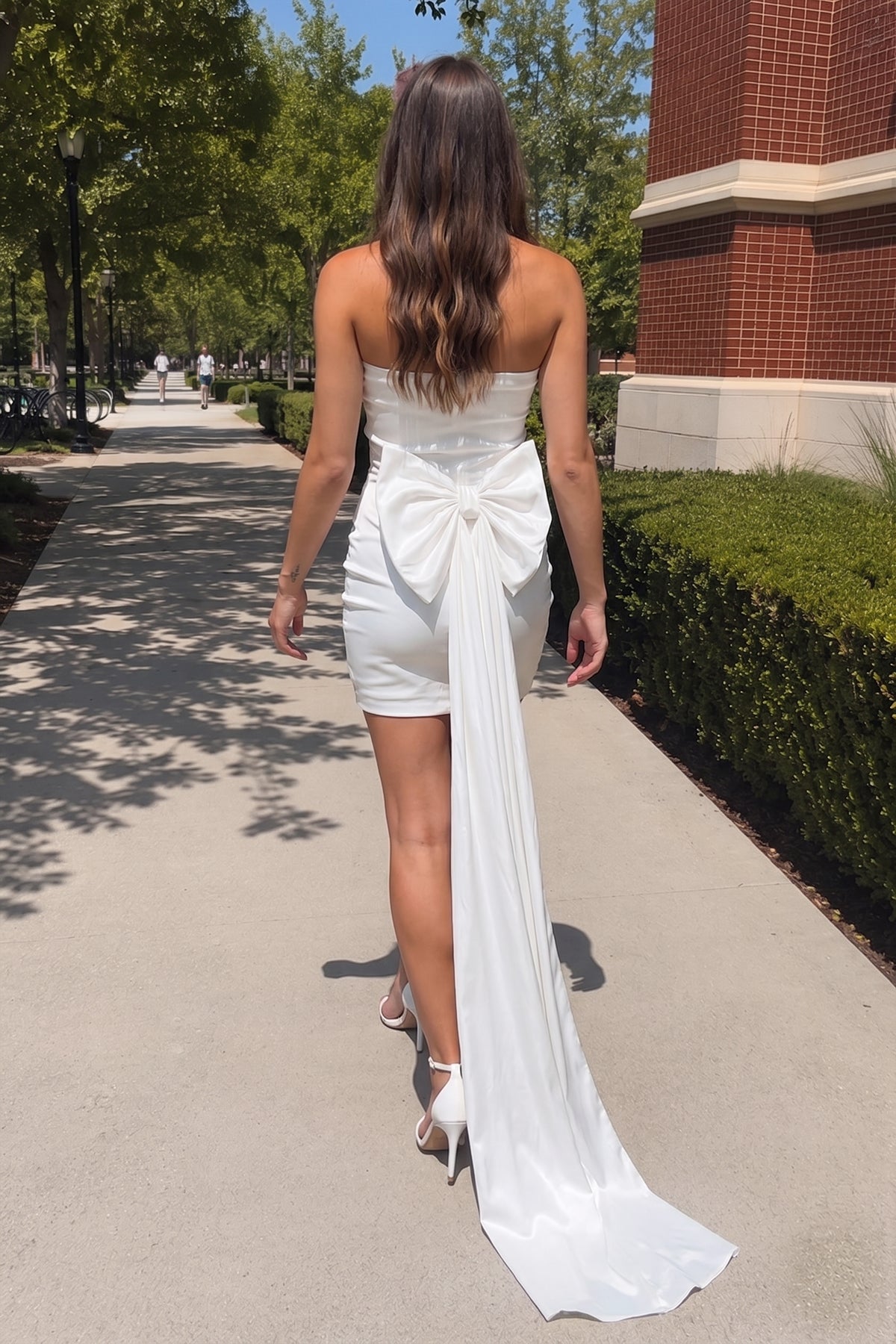 White Strapless Bow Back Ruching Short Dress White / 8