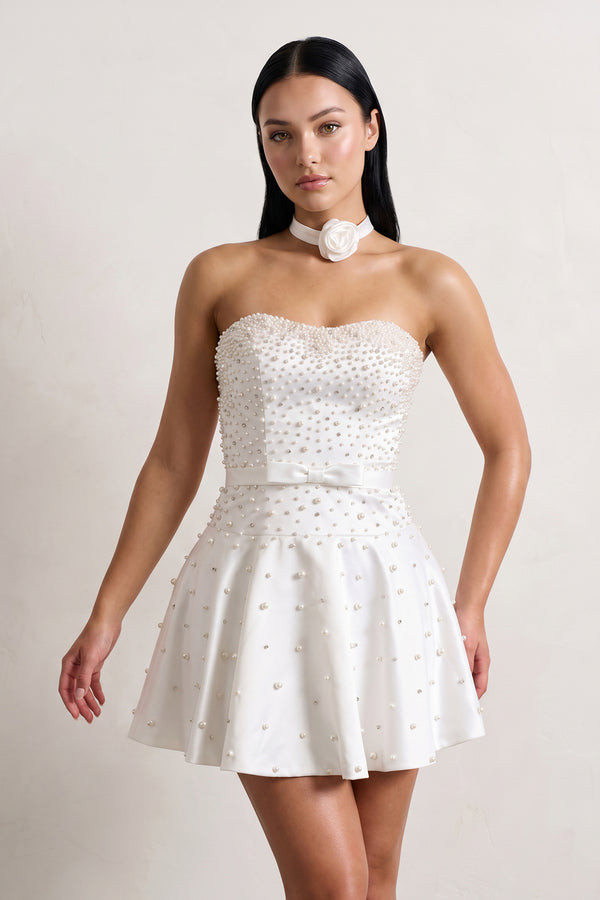 White Strapless Pearl A-Line Satin Homecoming Dress With Bowknot - KISSPROM