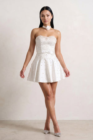 White Strapless Pearl A-Line Satin Homecoming Dress With Bowknot - KISSPROM