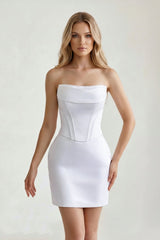 White Strapless Sheath Corset Satin Graduation Dress - KissProm