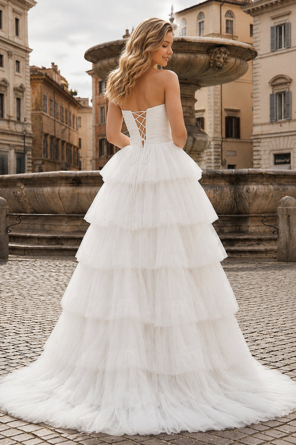 A-Line Strapless Tiered Tulle Prom Dress with Ruffles - KissProm