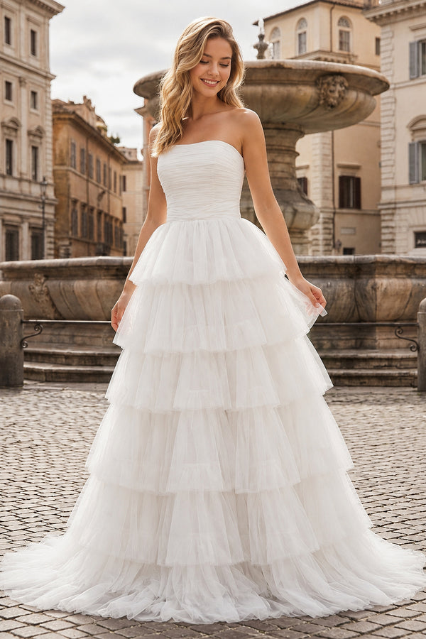 A-Line Strapless Tiered Tulle Prom Dress with Ruffles - KissProm