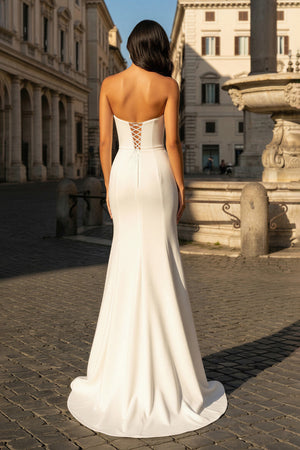 KissProm- White Sweetheart V Neck Long Prom Dress With Slit