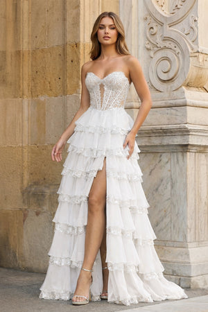 KissProm-White Sweetheart A Line Sequined Lace Ruffled Long Prom Dresses With Appliques