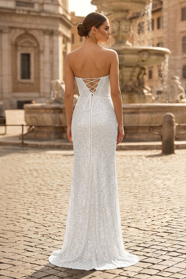 White Sweetheart Sequins Mermaid Long Party Dress With Beading (2) | KISSPROM
