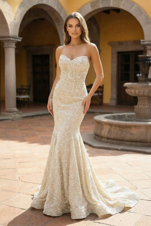 White Sweetheart Sequins Mermaid Long Party Dress | KISSPROM