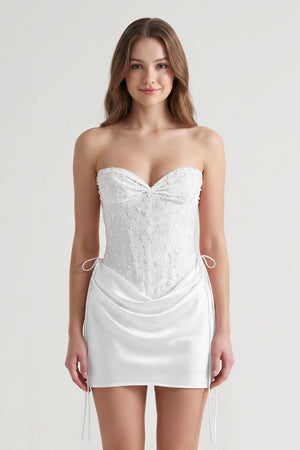 White Sweetheart Sheath Corset Ruched Satin Homecoming Dress with Beading | KISSPROM
