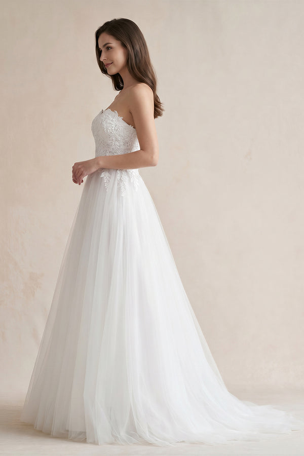 White Sweetheart Tulle Lace Satin Wedding Dress With Beading | KISSPROM